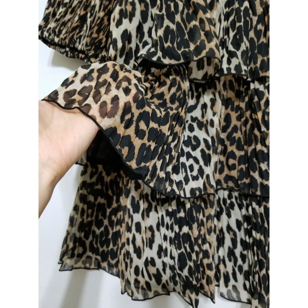 NWT Ganni Leopard Pleated Georgette Tiered Ruffle Dress 36(4), 38(6), 40(8) $235 - Picture 12 of 12